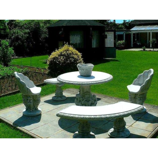 Set Steintisch Verzierte + 2 x Steinbank Bajda + 2 x Steinstuhl Muschel