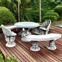 Steintisch Verzierte + 2 x Steinbank Bajda + 2 x Steinstuhl Muschel