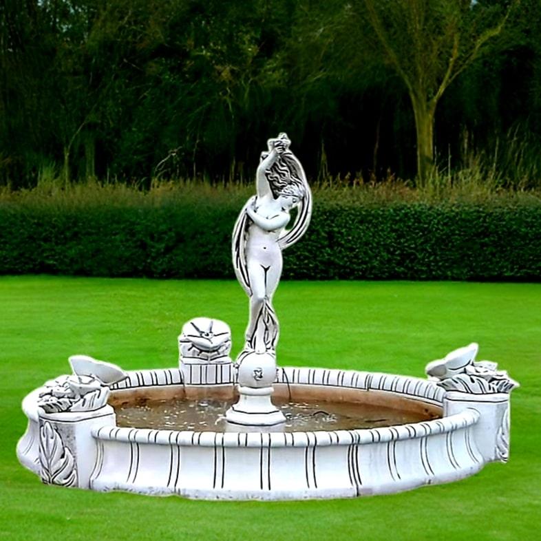 Set Springbrunnen Statue Frau auf Kugel + Brunnenbecken mit Sprühköpfen + Zubehör