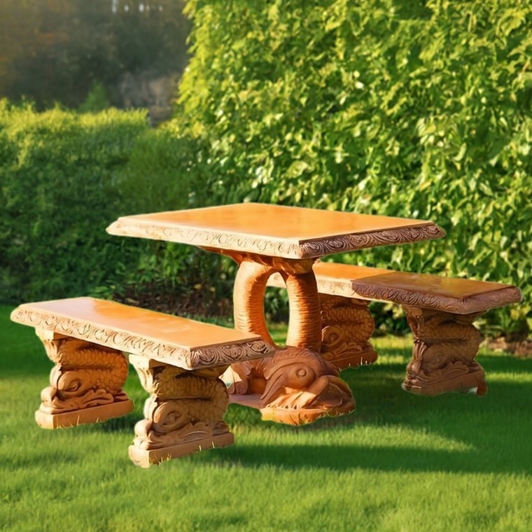 Set Steintisch Einfach Tivoli + 2 x Steinbank Tivoli mit Fischen