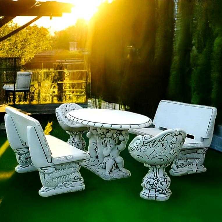 Set Steintisch Kinder unter dem Baum + 2 x Steinbank Drachen + 2 x Steinstuhl Verzierte