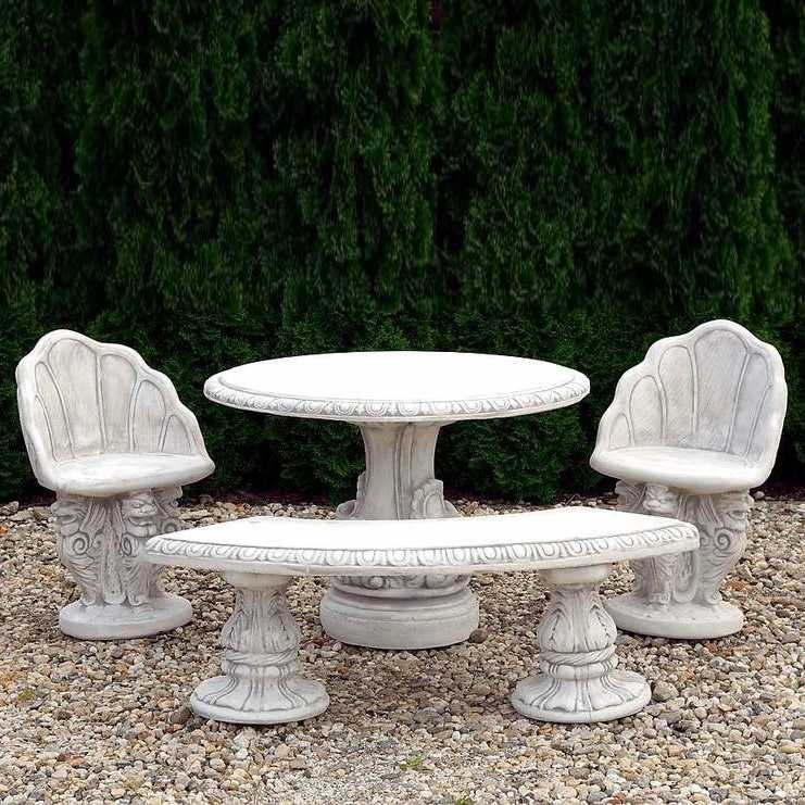 Set Steintisch Verzierte + 1 x Steinbank Bajda + 2 x Steinstuhl Muschel