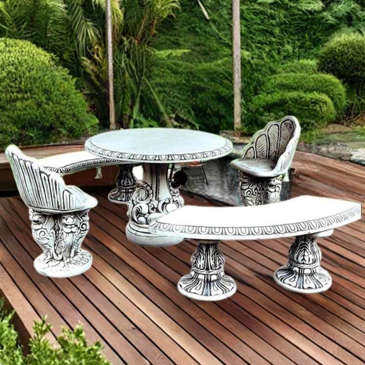 Set Steintisch Verzierte + 2 x Steinbank Bajda + 2 x Steinstuhl Muschel