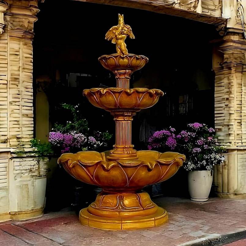 Springbrunnen Lotusblume Junge mit Vogel Rückansicht
