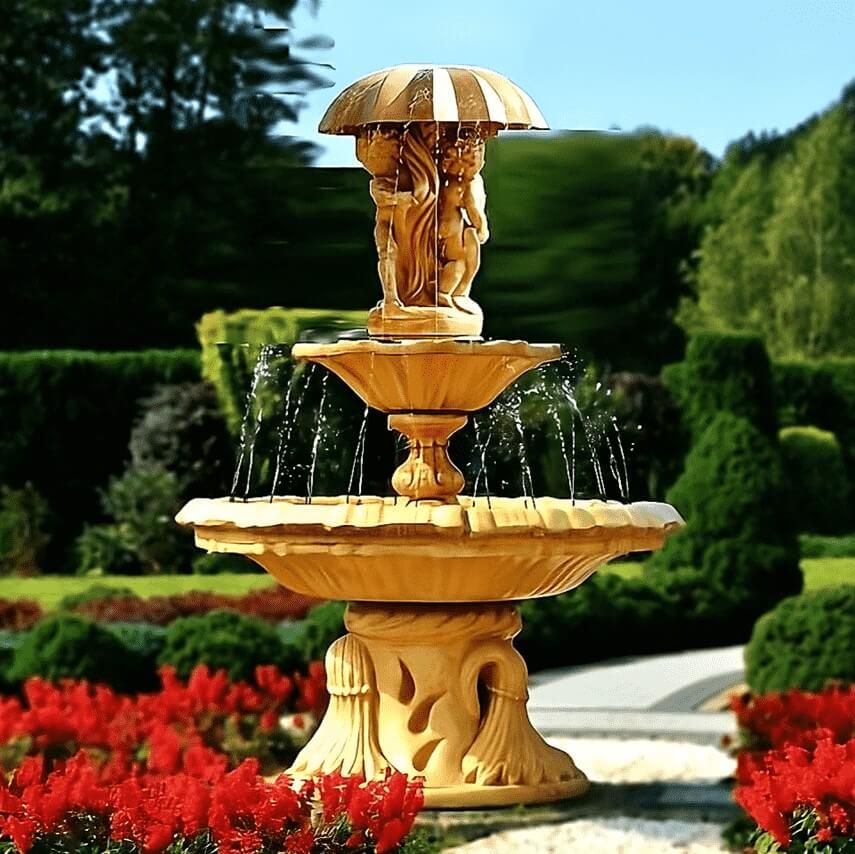 Gartenbrunnen mit Figuren unter Regenschirm - TOP 20 der schönsten Steinbrunnen